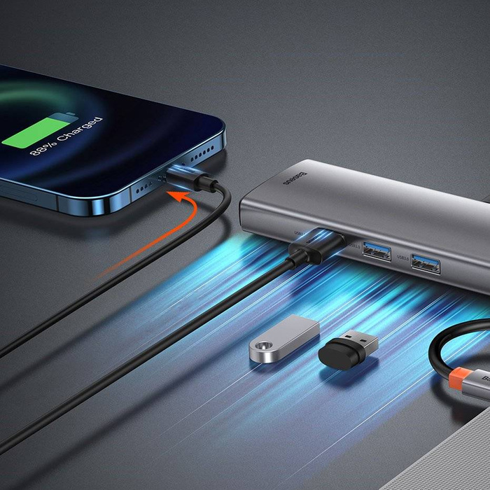 Baseus Metal Gleam 9v1 multifunkční HUB USB Type C - 3x USB 3.2 Gen 1 5Gbps / USB Type C PD 100W / VGA Full HD 60Hz / HDMI 4K 30Hz / Čtečka karet TF a SD / RJ45 1Gbps šedá (CAHUB-CU0G)