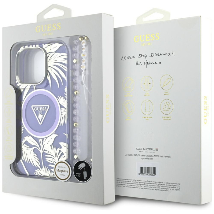 Etui Guess Palm Trees Triangle Pearl      Strap MagSafe do iPhone 16 Pro Max fioletowy