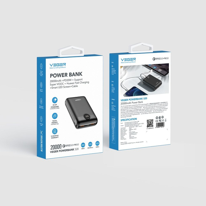 Powerbank Veger S20 (W2053) PD QC3.0 2A 22,5W 20000 mAh czarny