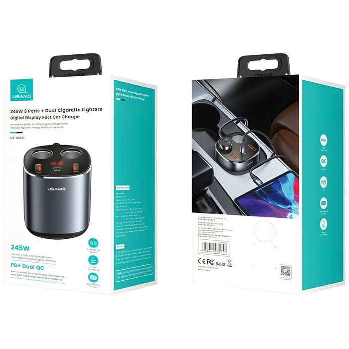 USAMS Splitter per auto 2xUSB-A / 1xUSB-C C28 245W grigio / grigio CC151TC01 (US-CC151)