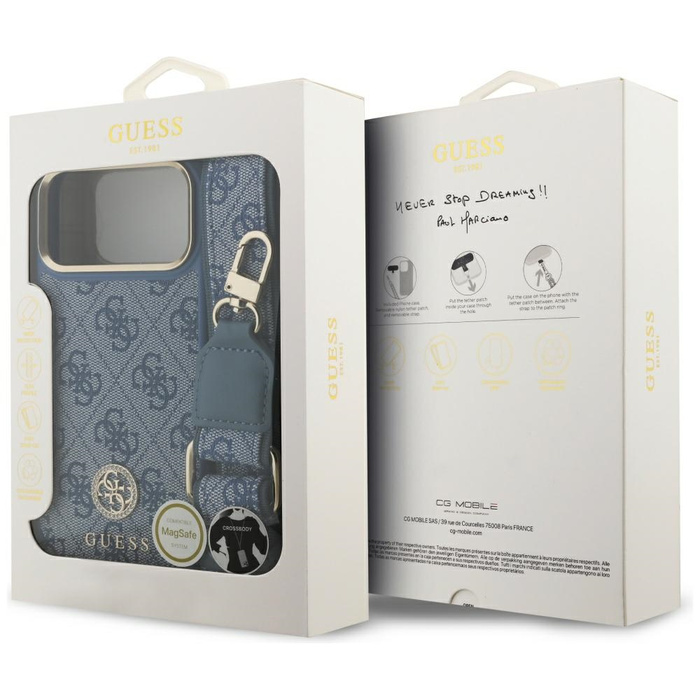 Etui Guess 4G Strass Logo & Big Strap    Metal Buttons MagSafe do iPhone 17 Pro Max niebieski