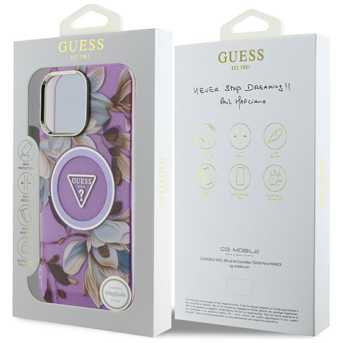 Etui Guess Glitter Flowers Triangle       Buttons MagSafe do iPhone 16 Pro fioletowy