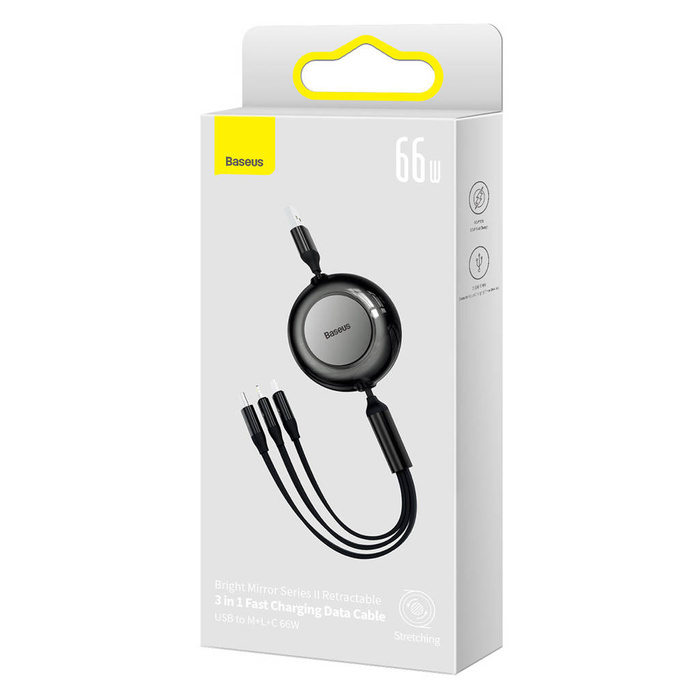 Baseus Bright Mirror 2 cable retráctil 3en1 USB tipo A - micro USB + Lightning + USB tipo C 66W 1,1m negro (CAMJ010101)