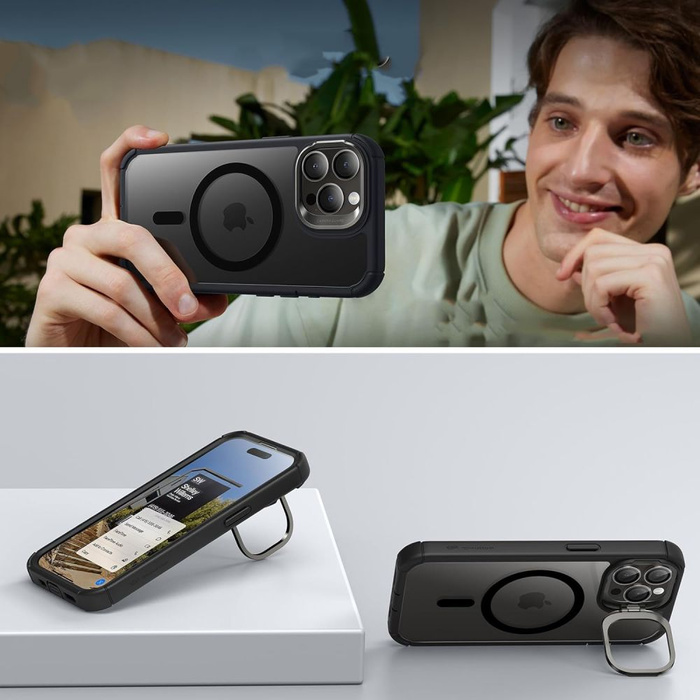 Funda Esr Armor Tough Kickstand Halolock MagSafe iPhone 15 Pro Transparente/negro Case