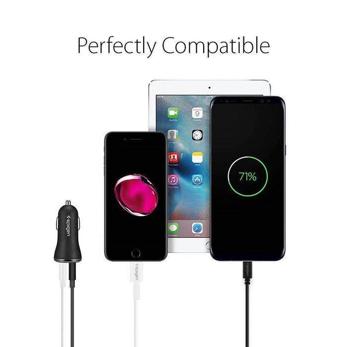 Töltő SPIGEN F27qc Qc3.0 2 portos autós töltő fekete