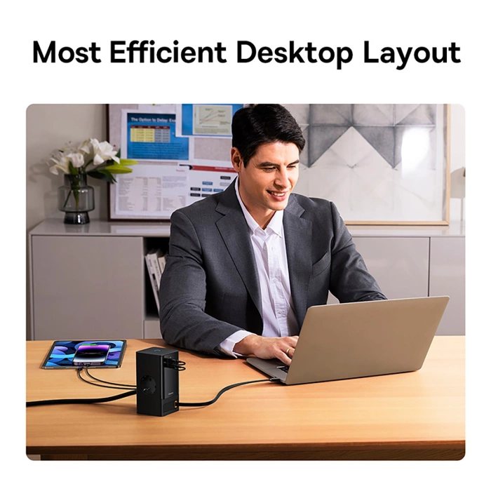 Baseus PowerCombo Charging Station 65W 1.5m 2 x EU + USB-A + USB-C + Retractable USB-C Cable - Black