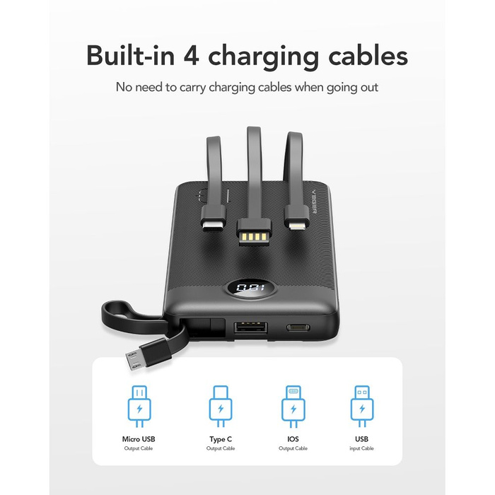 Powerbank Veger C10 (W1116) 10000 mAh z wbudowanymi kablami Micro USB / Typ C / Lightning czarny
