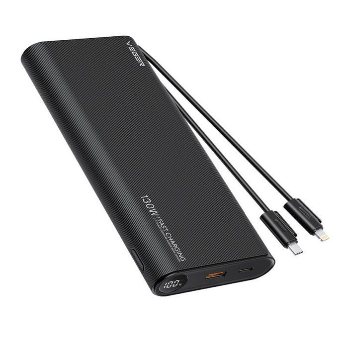 Powerbank Veger TCE130 (W2503) PD 130W 25000 mAh z wbudowanymi kablami Typ C / Lightning czarny