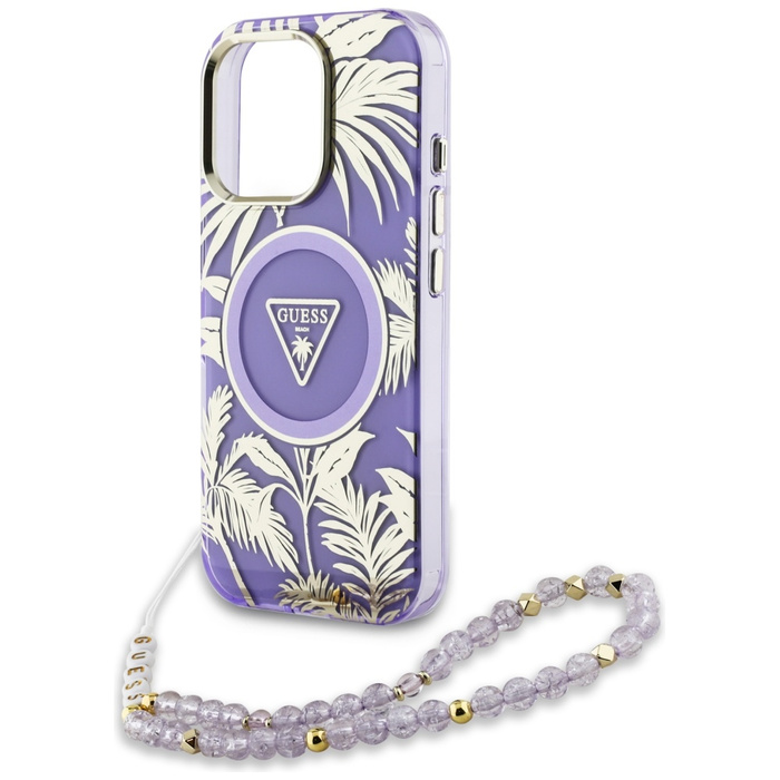 Etui Guess Palm Trees Triangle Pearl      Strap MagSafe do iPhone 16 Pro Max fioletowy