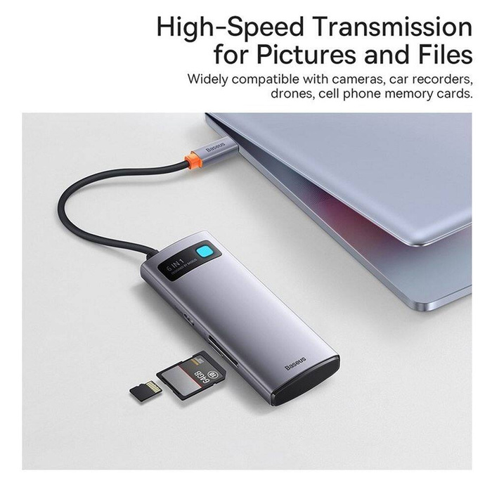 Station d&#39;accueil HUB Baseus Metal Gleam Series 6 en 1 USB Type C - 3 x USB 3.2 Gen.1 / 1 x Alimentation / 1 x Lecteur de carte SD / 1 x Lecteur de carte TF Gris (WKWG030213)