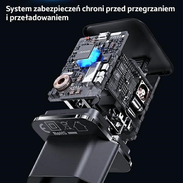 USAMS-Netzaufladung. USB-C T45 30W PD3.0 +QC3.0 Schnellladung +kabel U63 USB-C/Blitz schwarz/schwarz UXTZH01 (USAMS-UX)