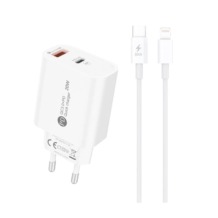 A6MaxL 20W USB-A USB-C Wandladegerät mit 1m USB-C - Lightning Kabel - Weiß