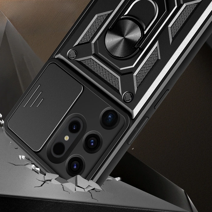Hybrid Armor Camshield Hülle für Samsung Galaxy S24 Ultra gepanzert mit Kameraabdeckung – Schwarz