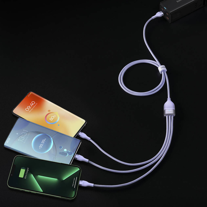 Baseus Flash Series Ⅱ kabel 3v1 s rychlým nabíjením USB-A na USB-C / Micro-USB / Lightning 66W 480Mb/s 1,2 m fialová