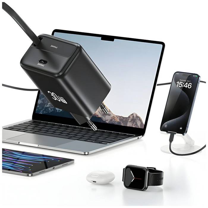 USAMS Ład. siec. 1xUSB-C ze zwijanym kablem USB-C Retractable PD+QC 30W Gan Fast Charging czarny/black YC Series CC241TC01 (US-CC241)