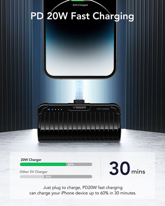 Powerbank Veger PlugOn (W0558P) PD QC3.0 2,4A 20W 5000 mAh z wbudowanym złączem Lightning czarny