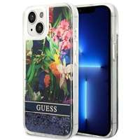 Hülle GUESS Apple iPhone 14 Blume Liquid Glitter Blau Hartcase