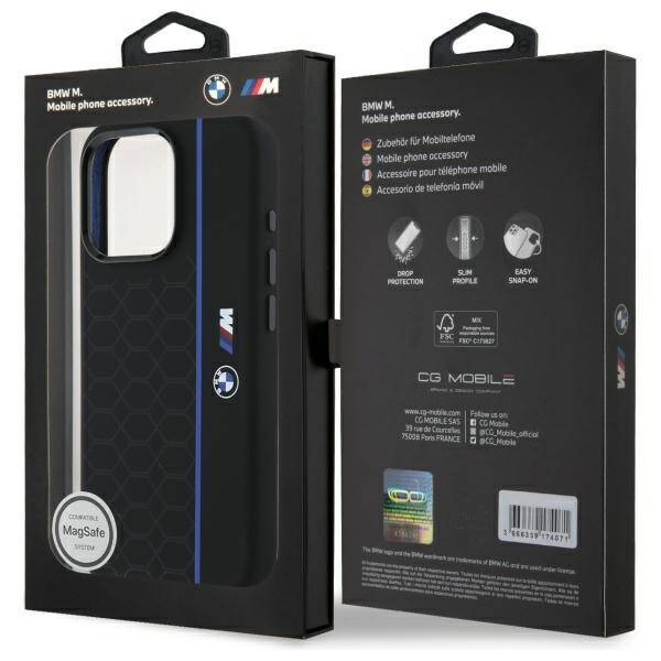 Funda BMW iPhone 16 Pro negro/negro durocase Silicona Hexágono Línea Azul MagSafe