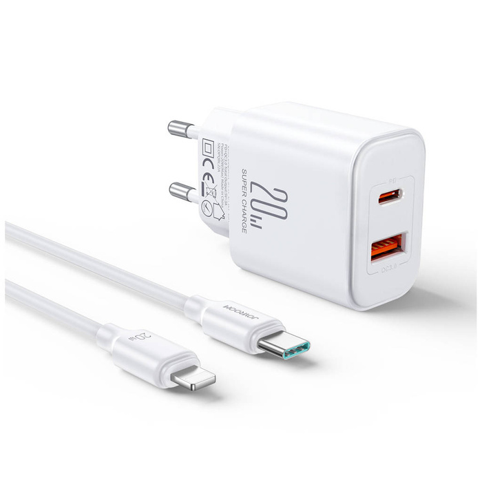 Chargeur Mural Double Port Rapide Joyroom JR-TCF05 20W USB-C / USB-A - Blanc + USB-C - Lightning 1m