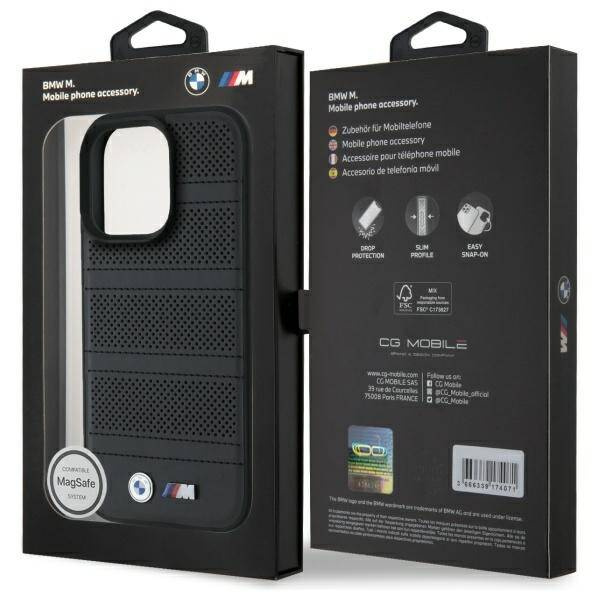 Case BMW iPhone 16 Pro Max 6.9" black/black hardcase M Perforated And Stitched Line MagSafe