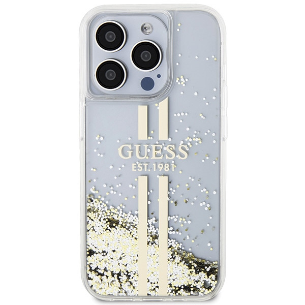 Etui Guess GUHCP15LLFCSEGT iPhone 15 Pro 6.1" transparent hardcase Liquid Glitter Gold Stripes Case