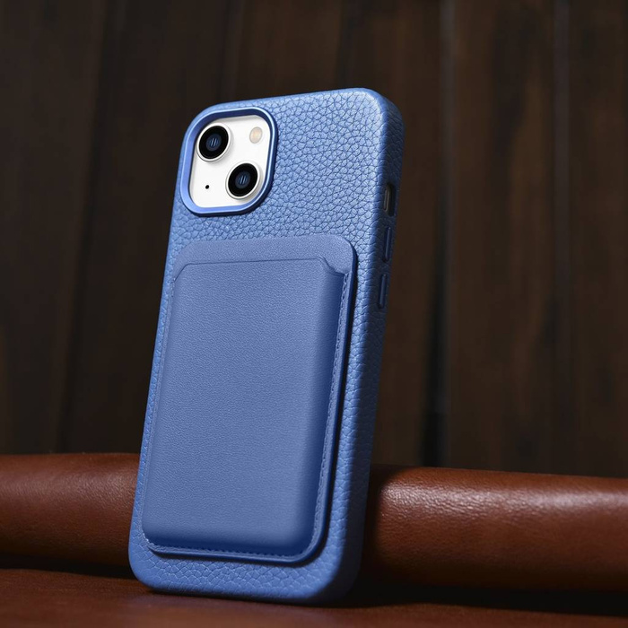 iCarer Litchi Premium Leather Case iPhone 14 Étui en cuir magnétique avec MagSafe bleu clair (WMI14220709-LB)