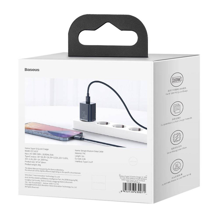 [B WARE] Baseus Super Si 1C Schnellladegerät USB Typ C 20 W Power Delivery + USB Typ C - Lightning Kabel 1m blau (TZCCSUP-B03)