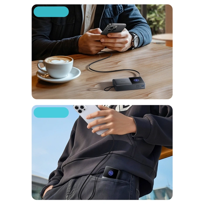 Powerbank Joyroom JR-PR1 10000mAh 22,5W z wbudowanym zwijanym kablem USB-C - czarny