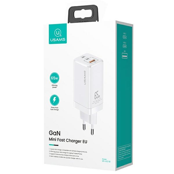 Nabíjačka USAMS 2xUSB-C USB-A GaN 65W T33 PD rýchle nabíjanie CC110TC02 US-CC110 biela