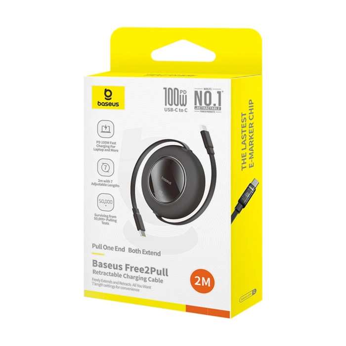 Kabel Baseus Free2Pull Mini 100W zwijany USB-C - USB-C 2m - czarny