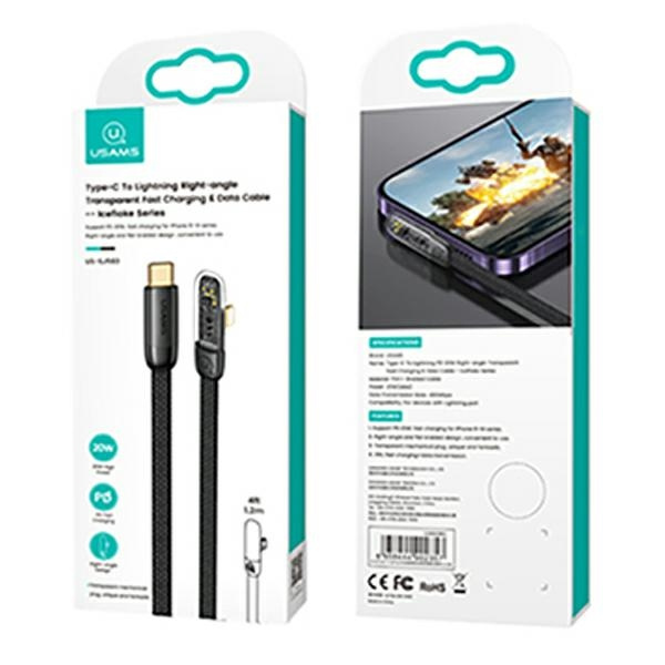 USAMS Kabel úhlový USB-C na Lightning PD 20W rychlonabíjení Iceflake Series 1,2 m černý/černý SJ583USB01 (US-SJ583)