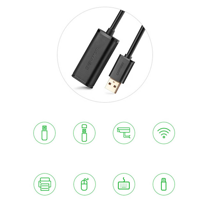Ugreen aktivní prodlužovací kabel USB-A (samec) - USB-A (samice) USB 2.0 480Mbps 15m černý (US121)