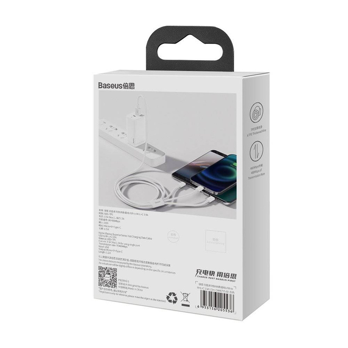 Cavo USB Baseus Superior 3in1 - Lightning / USB tipo C / micro USB 3,5 A 1,5 m Bianco (CAMLTYS-02)