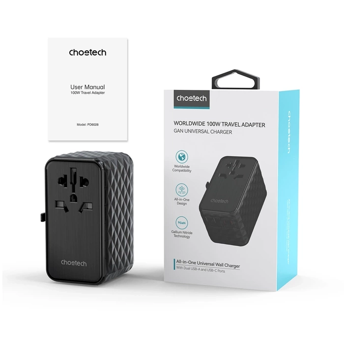 Choetech PD6028 EU / US / AUS / UK Reiseadapter 2x USB-C 2x USB-A 100W - Schwarz