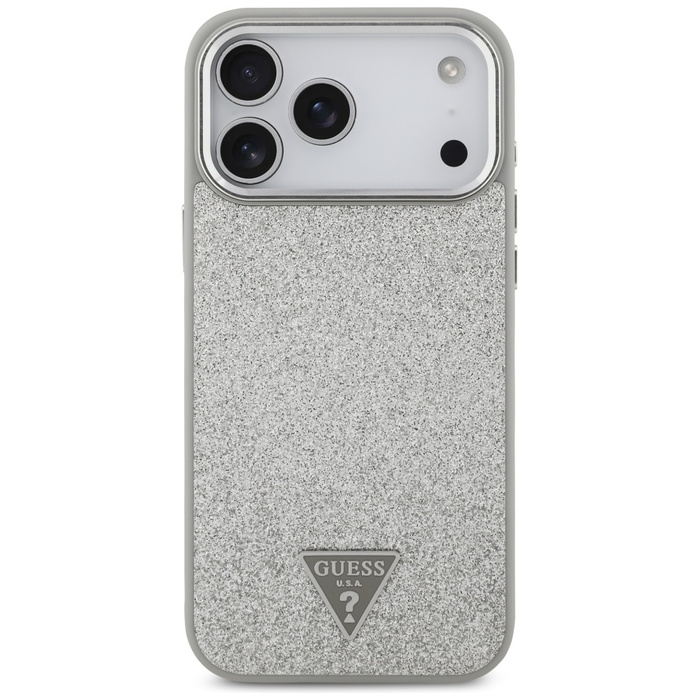 Etui Guess Glitter Triangle Logo MagSafe do iPhone 17 Pro Max srebrny