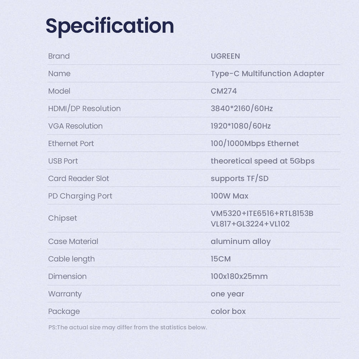 Ugreen CM274 USB-C to HDMI+DP+VGA+2xUSB3.0+RJ45(Gigabit)+SD/TF+USB-C PD (5G&4K 60Hz) Gray
