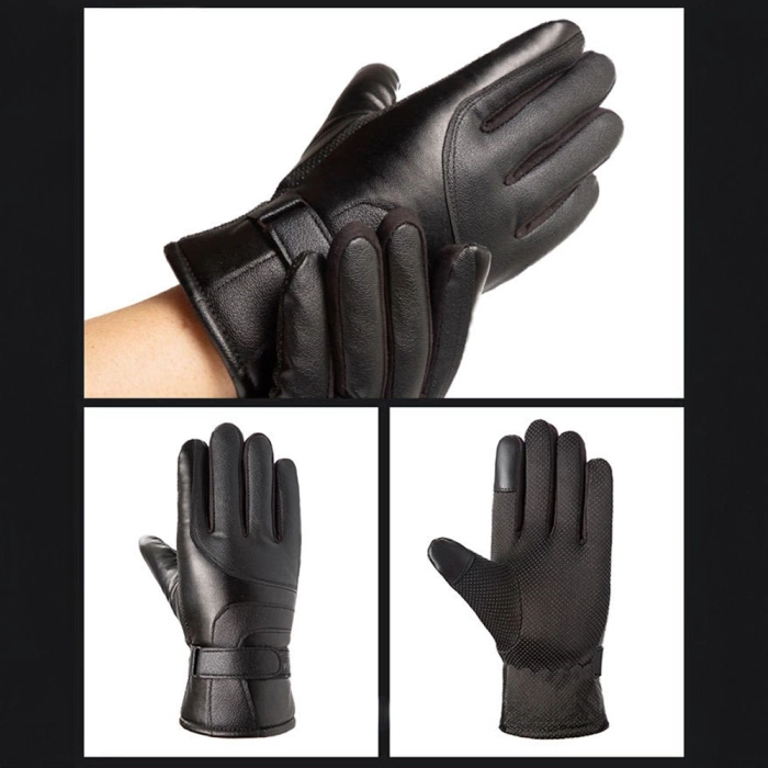 Men's insulated PU leather phone gloves - black