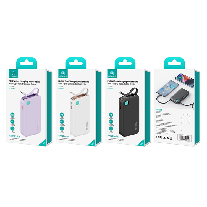USAMS Powerbank ze zwijanym kablem USB-C Retractable 10000 mAh PD 20W Fast Charge XY Series czarny/black 10KCD22401(US-CD224)