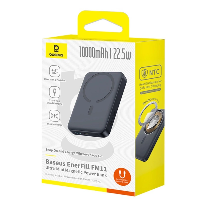Powerbank Baseus EnerFill FM11 Ultra-Mini 10000mAh 22,5W kompatybilny z MagSafe z kablem Baseus Simple USB-C 20V/3A 30cm - czarny