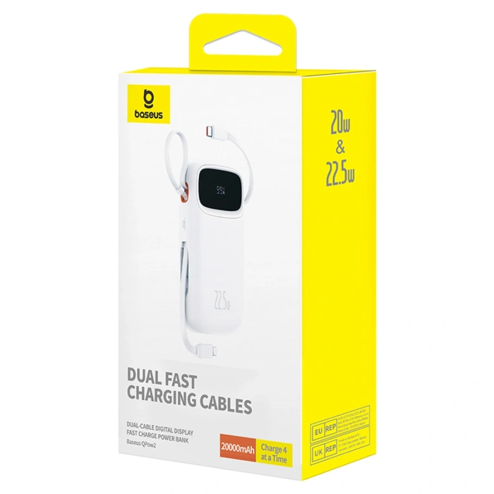 Powerbank Baseus Qpow2 20000mAh 22,5W z podwójnym kablem z wyświetlaczem cyfrowym + kabel Baseus Simple USB-C 3A 0,3m (biały) - biały
