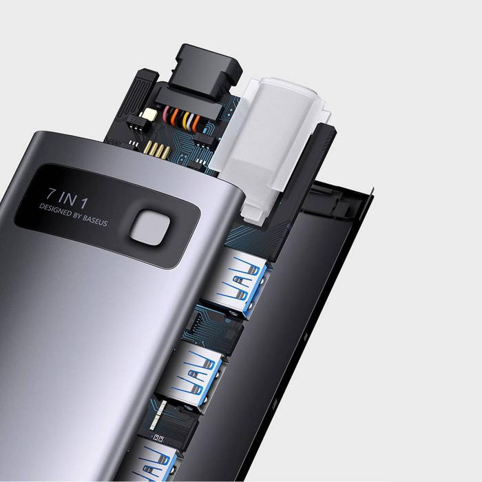 Baseus Metal Gleam Series HUB 7 v 1 dokovací stanice USB typu C – 2 x HDMI / 3 x USB 3.2 Gen. 1/1 x napájení / 1 x RJ-45 Ethernet Grey (WKWG040113)
