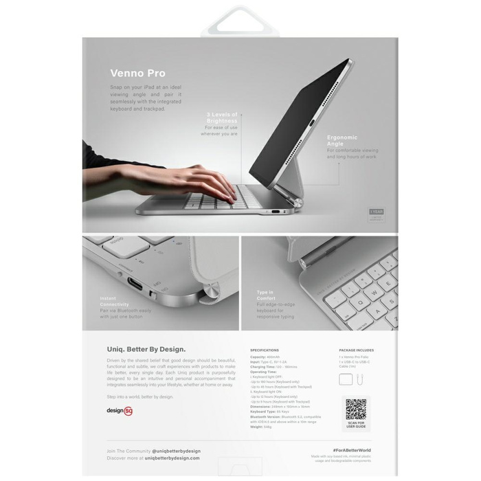 Etui UNIQ Venno Pro Magnetic Smart       z klawiaturą do iPad Air 11" (2024/25) | Air 10.9" (2022/20) | iPad Pro 11" (2022/21) biały
