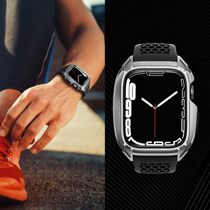 Kingxbar CYF148 Correa 2 en 1 para Apple Watch Ultra, SE, 8, 7, 6, 5, 4, 3, 2, 1 (49, 45, 44, 42 mm) con caja blindada de acero inoxidable incorporada plateada