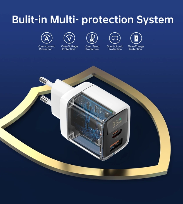 Choetech PD6052 USB-C USB-A PD 35W GaN nástěnná nabíječka s displejem - bílá