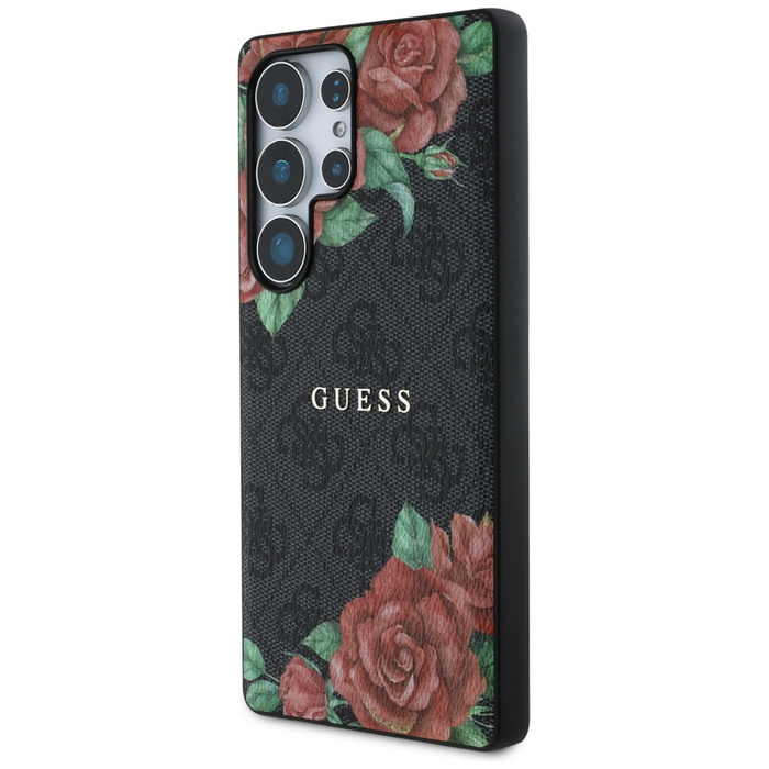 Etui Guess Leather 4G Flowers Print       Metal Classic Logo MagSafe Samsung Galaxy S25 Ultra czarny
