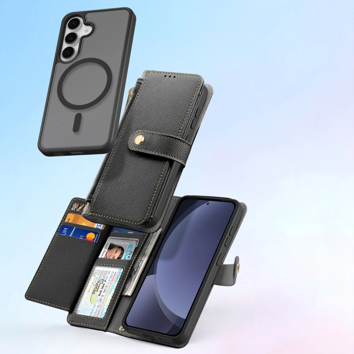 Dux Ducis Lawa Leather Case for Samsung Galaxy S25 with Detachable Magnetic Wallet - Black