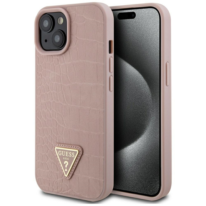 Funda Guess GUHCP15SPCRTHCP iPhone 15 6.1" rosa/rosa durocase Croco Triángulo Metal Logotipo Case