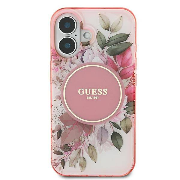 Etui Guess iPhone 16 6.1" różowy/pink hardcase IML Flower & Tonal Circle MagSafe