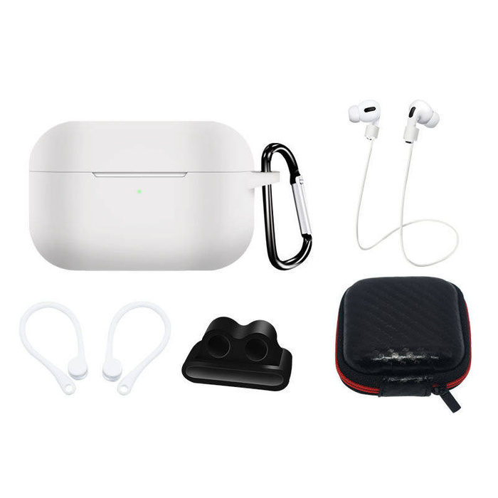 Juego de fundas de silicona para AirPods Pro 2 / AirPods Pro 1 + funda / gancho para la oreja / correa para el cuello / soporte para correa de reloj / mosquetón | Blanco