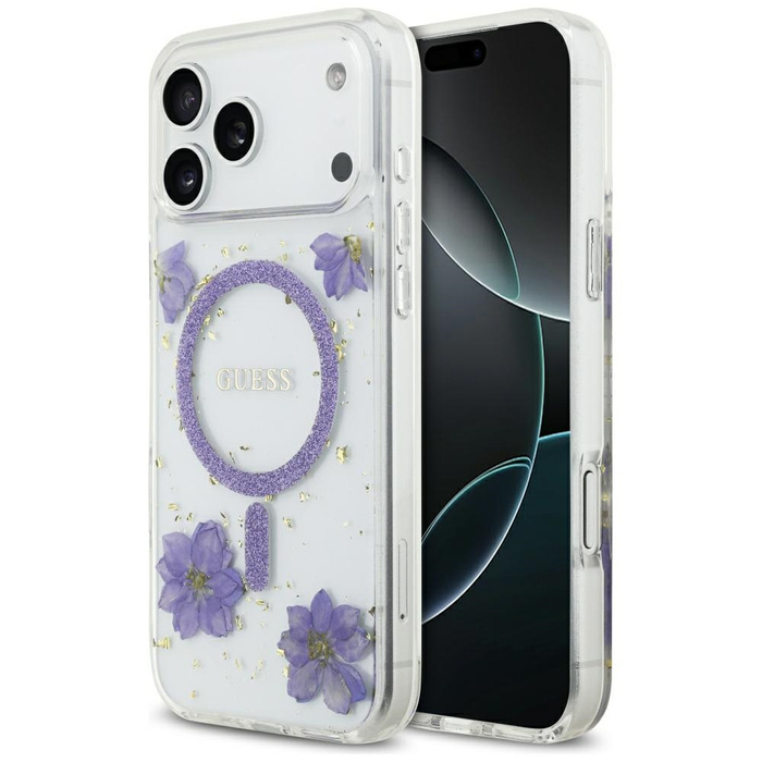 Etui Guess Resin Flowers Glitter MagSafe do iPhone 17 Pro Max fioletowy